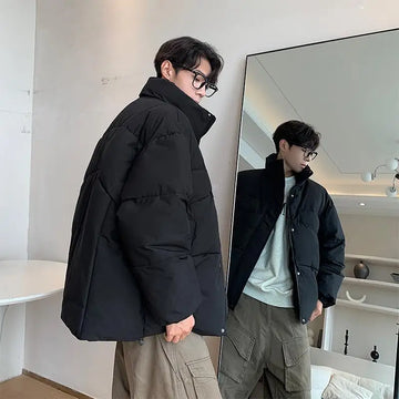 New Winter Silk-like Cotton Jackets Men Fashion Thicken Warm Parkas Couple Streetwear Loose Casual All-match Bread Coat